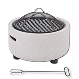 HOOZ Feuerschale aus Kunststein in Granit Optik - 2 in 1 Grill & Feuerkorb für den Garten - mit Grillrost und Funkenschutzgitter - Holzkohlegrill Feuerstelle Holzgrill Camping Grill Gartenkamin